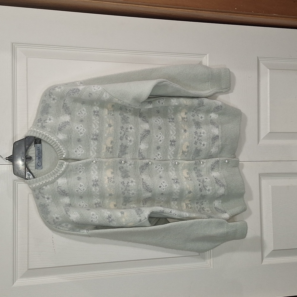 Vintage Angora button-down cardigan- M - floral light sage green
